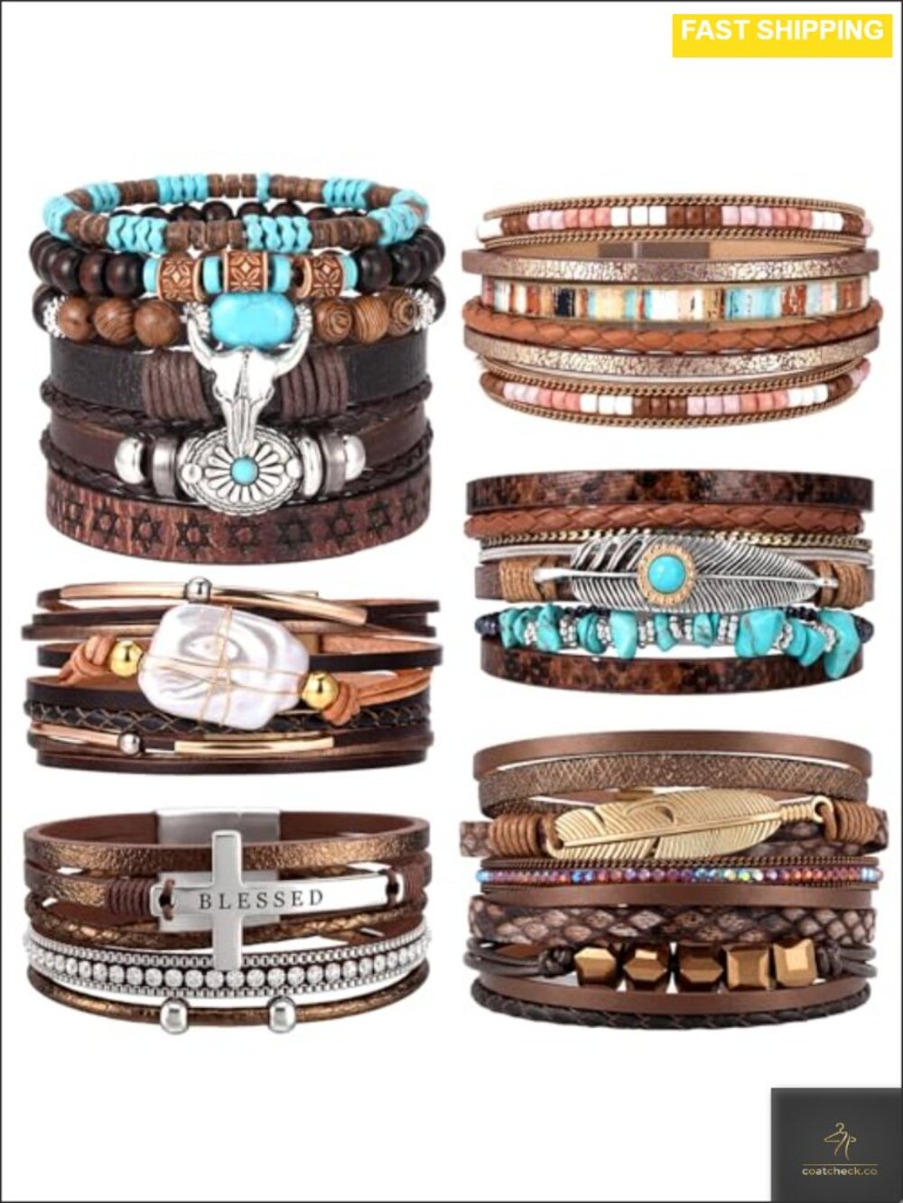 Boho Leather Wrap Bracelet Set 6pc Stackable Turquoise Beaded Adjustable